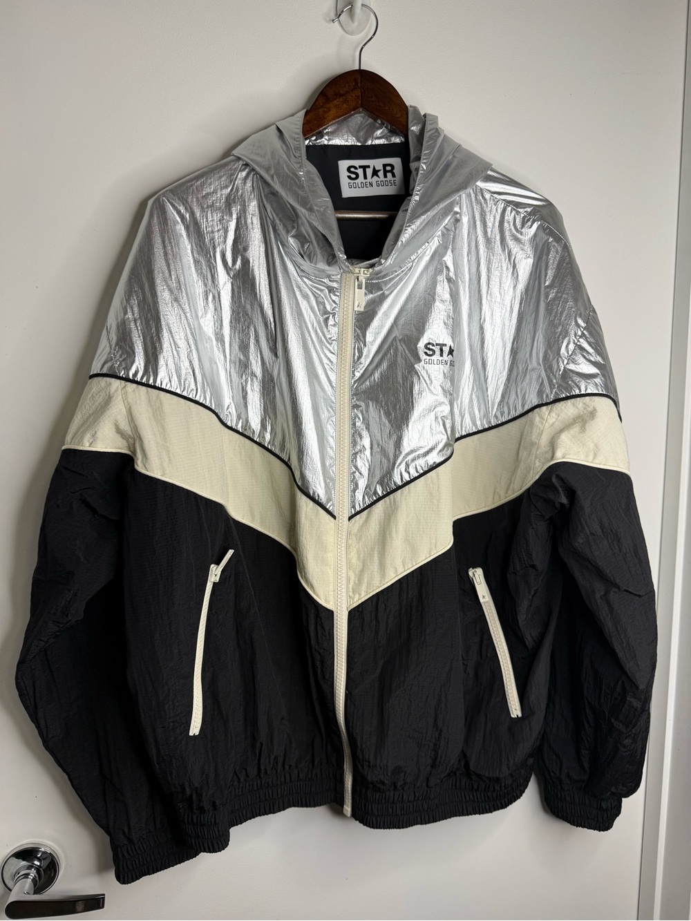 Golden Goose Silver, Cream & Black Chevron Windbreaker